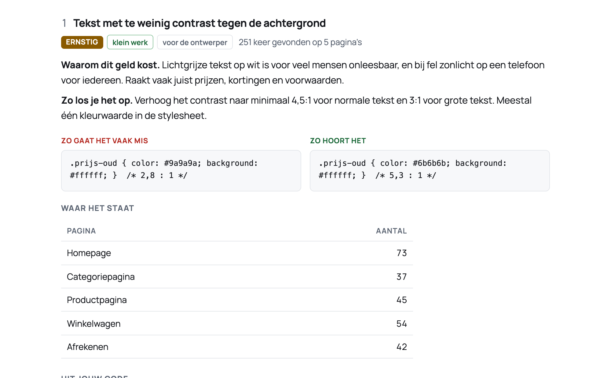 Uitsnede van een rapport met de bevindingen op volgorde van omzetimpact.